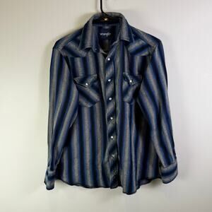 wrangler Men's Vintage Blue gray Striped Flannel western pearl snap size Small